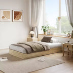 Lit plateforme double en bois, lattes en bois massif, cadre de lit au sol, design minimaliste moderne, gain de place, sommier tapissier non requis