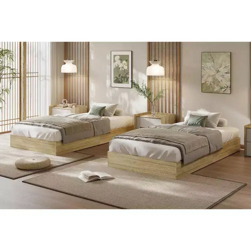 Lit plateforme double en bois, lattes en bois massif, cadre de lit au sol, design minimaliste moderne, gain de place, sommier tapissier non requis