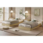 Lit plateforme double en bois, lattes en bois massif, cadre de lit au sol, design minimaliste moderne, gain de place, sommier tapissier non requis