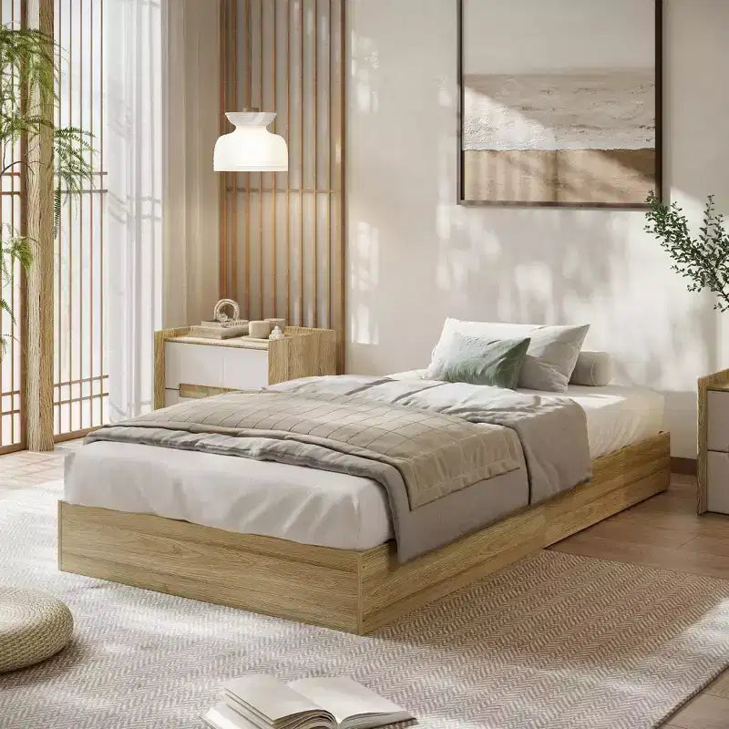 Lit plateforme double en bois, lattes en bois massif, cadre de lit au sol, design minimaliste moderne, gain de place, sommier tapissier non requis