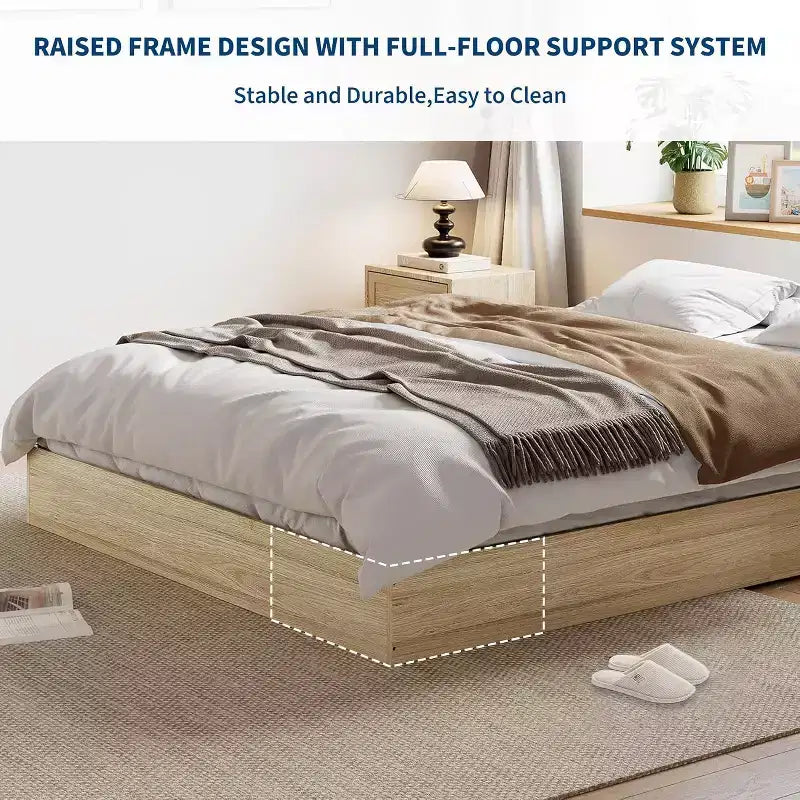 Lit plateforme double en bois, lattes en bois massif, cadre de lit au sol, design minimaliste moderne, gain de place, sommier tapissier non requis