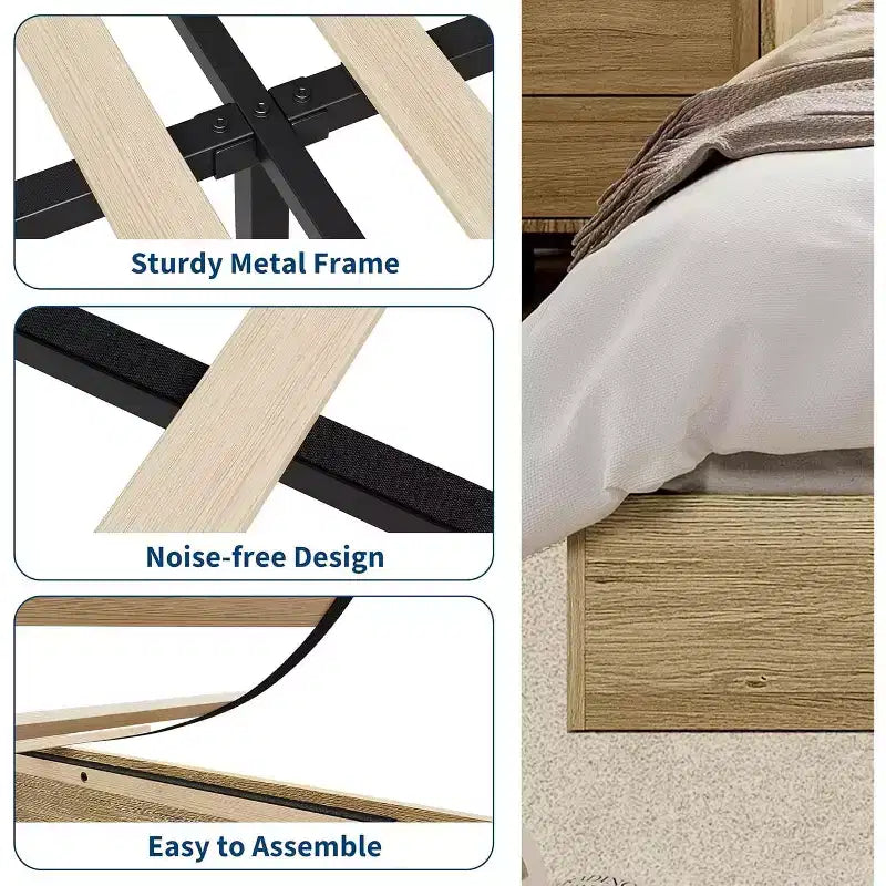 Lit plateforme double en bois, lattes en bois massif, cadre de lit au sol, design minimaliste moderne, gain de place, sommier tapissier non requis