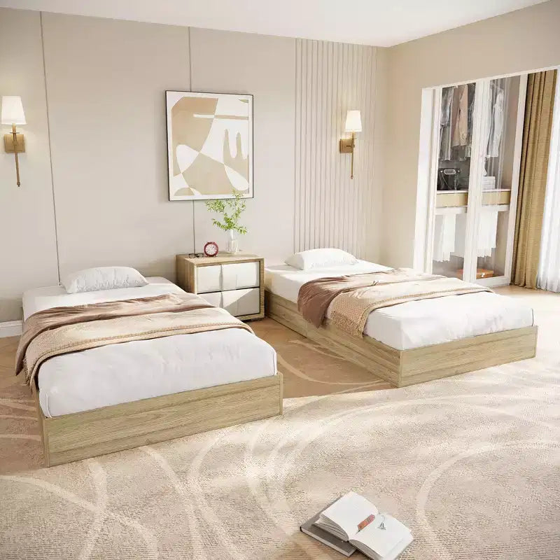 Lit plateforme double en bois, lattes en bois massif, cadre de lit au sol, design minimaliste moderne, gain de place, sommier tapissier non requis