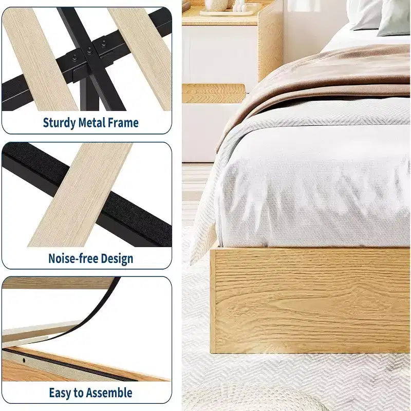 Lit plateforme double en bois, lattes en bois massif, cadre de lit au sol, design minimaliste moderne, gain de place, sommier tapissier non requis