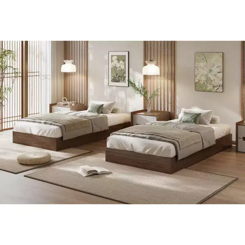 Lit plateforme double en bois, lattes en bois massif, cadre de lit au sol, design minimaliste moderne, gain de place, sommier tapissier non requis