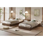 Lit plateforme double en bois, lattes en bois massif, cadre de lit au sol, design minimaliste moderne, gain de place, sommier tapissier non requis