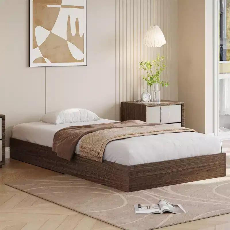 Lit plateforme double en bois, lattes en bois massif, cadre de lit au sol, design minimaliste moderne, gain de place, sommier tapissier non requis