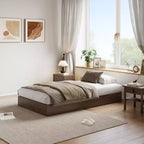 Lit plateforme double en bois, lattes en bois massif, cadre de lit au sol, design minimaliste moderne, gain de place, sommier tapissier non requis