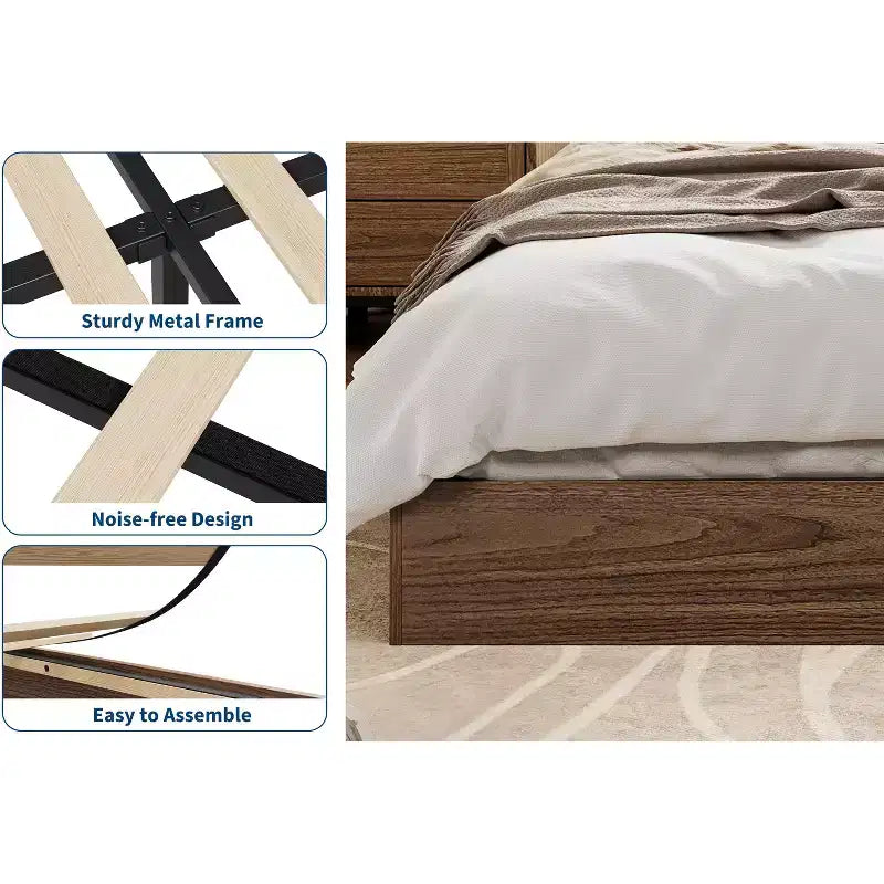 Lit plateforme double en bois, lattes en bois massif, cadre de lit au sol, design minimaliste moderne, gain de place, sommier tapissier non requis