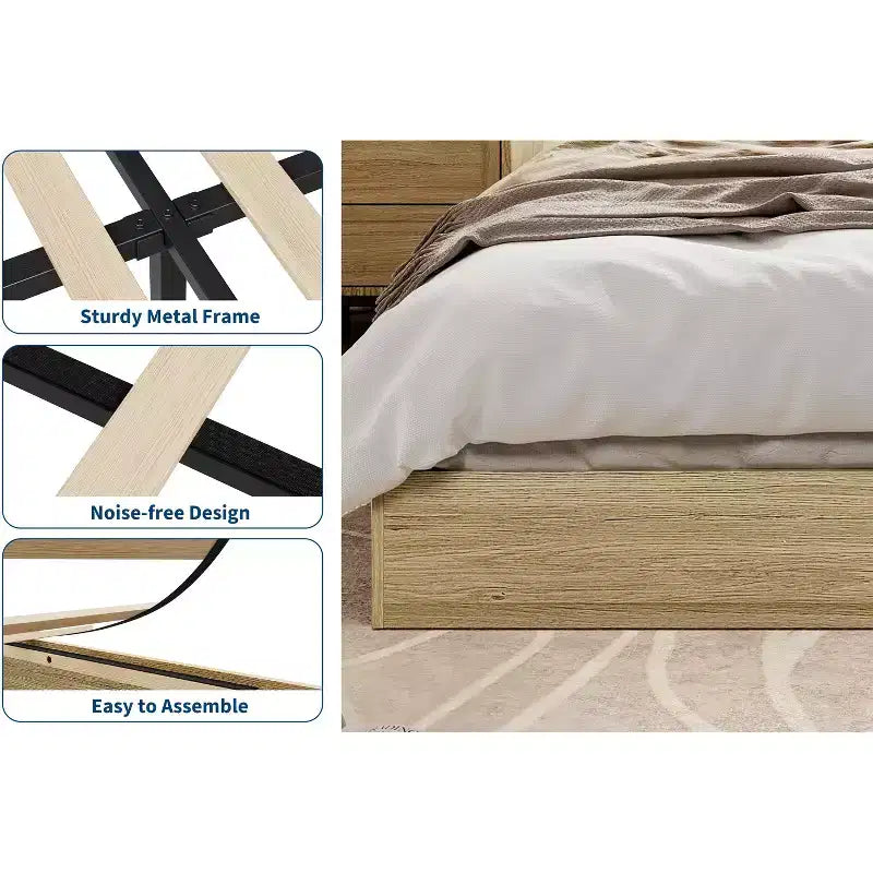 Lit plateforme double en bois, lattes en bois massif, cadre de lit au sol, design minimaliste moderne, gain de place, sommier tapissier non requis
