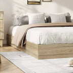 Lit plateforme double en bois, lattes en bois massif, cadre de lit au sol, design minimaliste moderne, gain de place, sommier tapissier non requis