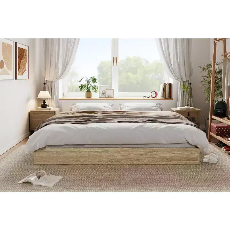 Twin Size Wooden platform bed, solid wooden slats, floor-standing bed frame, modern minimalist design, space-saving, no box spring required