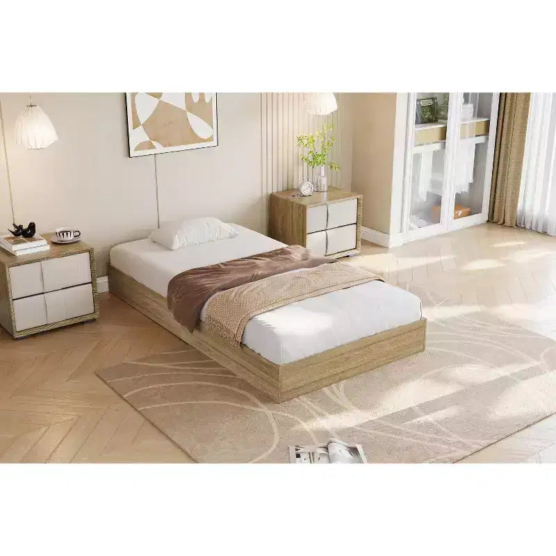 Lit plateforme double en bois, lattes en bois massif, cadre de lit au sol, design minimaliste moderne, gain de place, sommier tapissier non requis