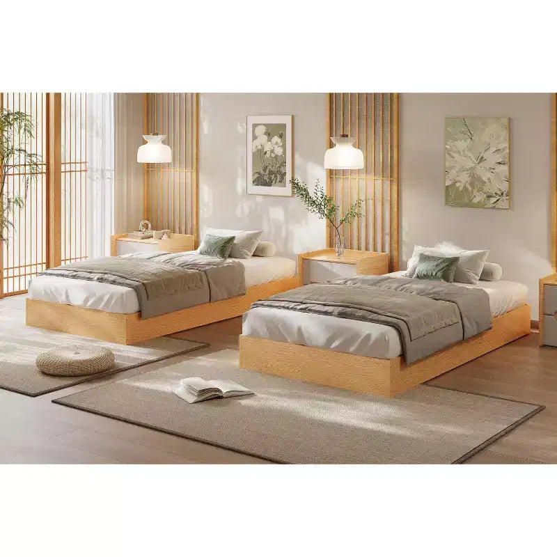 Lit plateforme double en bois, lattes en bois massif, cadre de lit au sol, design minimaliste moderne, gain de place, sommier tapissier non requis