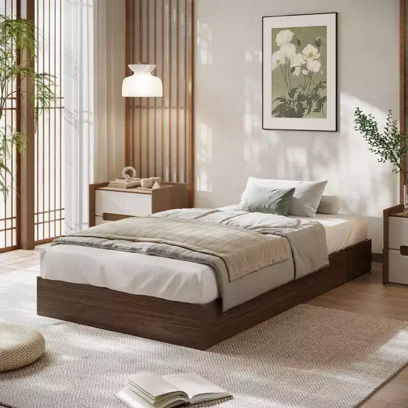 Lit plateforme double en bois, lattes en bois massif, cadre de lit au sol, design minimaliste moderne, gain de place, sommier tapissier non requis