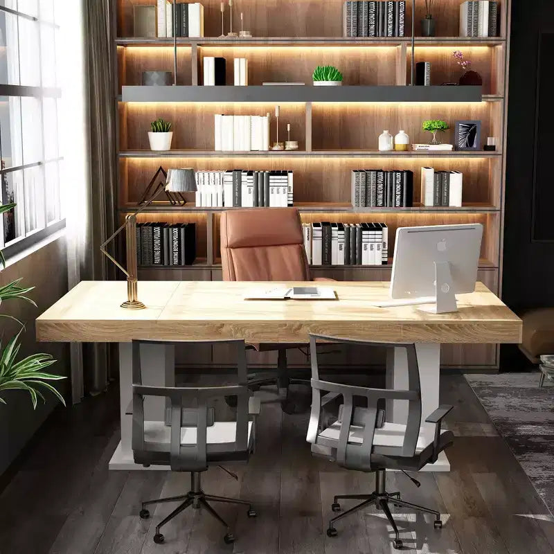 Famapy Multi-scènes Table en Bois Salle à Manger/Bureau : Design à Double Colonne, Surface Spacieuse Parfaite pour le Bureau et la Salle à Manger