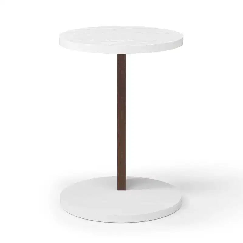 Table d'appoint en forme de C Okak Minimalism avec plateau rond, table d'appoint au design unique, table de canapé pour salon, chambre à coucher, côté canapé, blanc + noyer