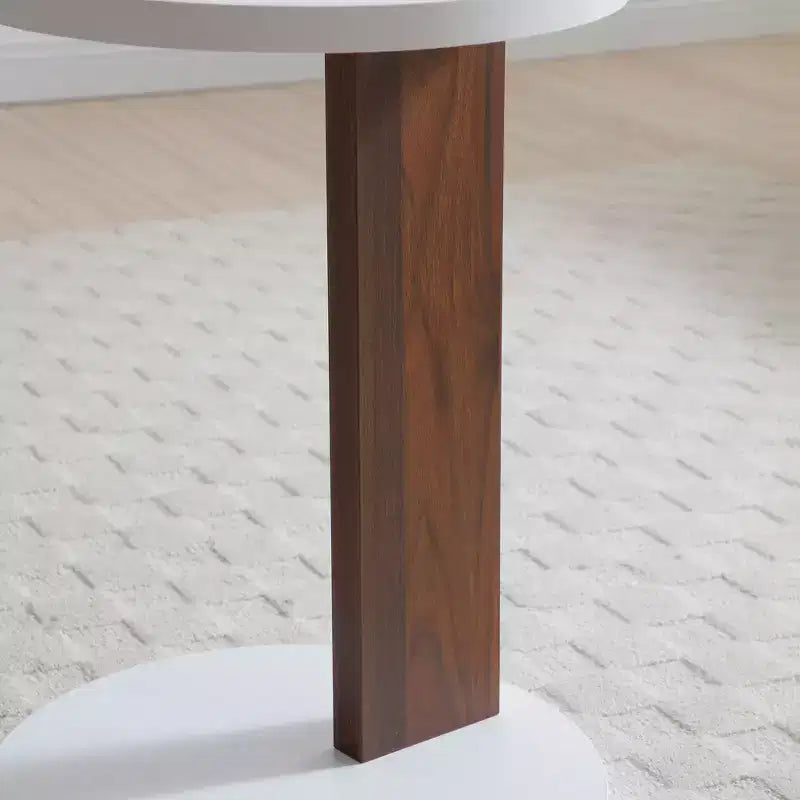 Table d'appoint en forme de C Okak Minimalism avec plateau rond, table d'appoint au design unique, table de canapé pour salon, chambre à coucher, côté canapé, blanc + noyer