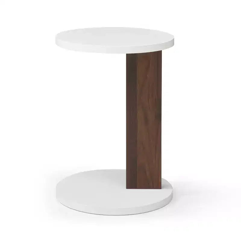 Table d'appoint en forme de C Okak Minimalism avec plateau rond, table d'appoint au design unique, table de canapé pour salon, chambre à coucher, côté canapé, blanc + noyer
