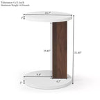 Table d'appoint en forme de C Okak Minimalism avec plateau rond, table d'appoint au design unique, table de canapé pour salon, chambre à coucher, côté canapé, blanc + noyer