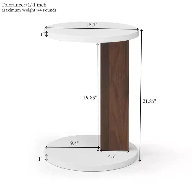 Table d'appoint en forme de C Okak Minimalism avec plateau rond, table d'appoint au design unique, table de canapé pour salon, chambre à coucher, côté canapé, blanc + noyer