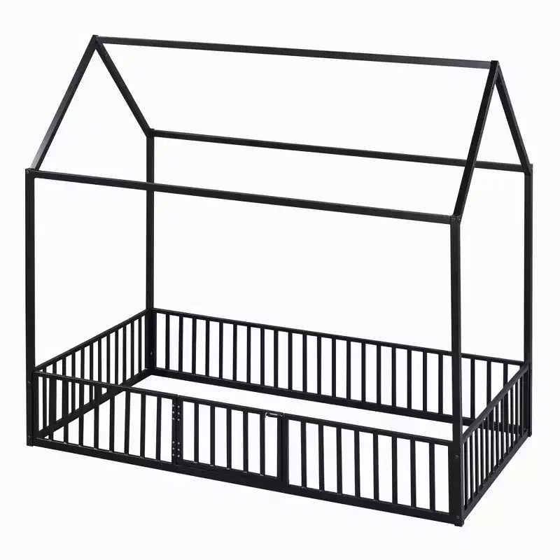 Lit Montessori en Métal avec Porte et Barrières, Cadre de Lit de Sol en Forme de Maison pour Enfants et Tout-Petits