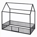 Lit Montessori en Métal avec Porte et Barrières, Cadre de Lit de Sol en Forme de Maison pour Enfants et Tout-Petits