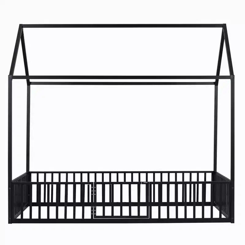 Lit Montessori en Métal avec Porte et Barrières, Cadre de Lit de Sol en Forme de Maison pour Enfants et Tout-Petits