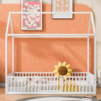 Lit Montessori en Métal avec Porte et Barrières, Cadre de Lit de Sol en Forme de Maison pour Enfants et Tout-Petits