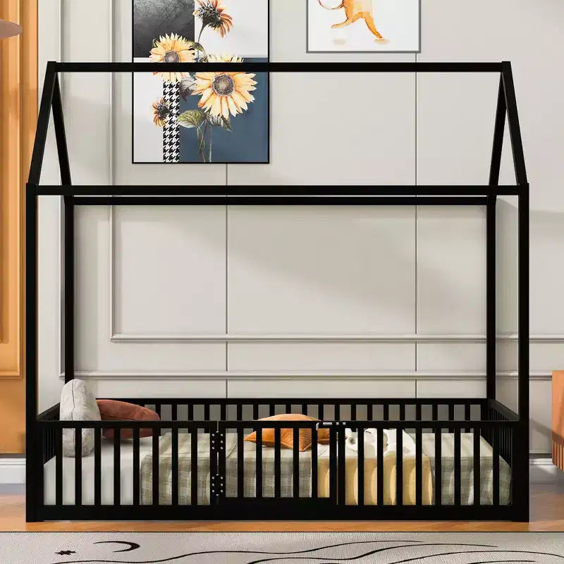 Lit Montessori en Métal avec Porte et Barrières, Cadre de Lit de Sol en Forme de Maison pour Enfants et Tout-Petits