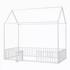 Lit Montessori en Métal avec Porte et Barrières, Cadre de Lit de Sol en Forme de Maison pour Enfants et Tout-Petits