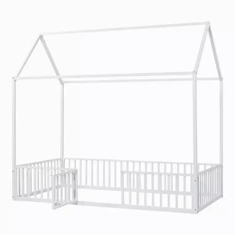 Lit Montessori en Métal avec Porte et Barrières, Cadre de Lit de Sol en Forme de Maison pour Enfants et Tout-Petits
