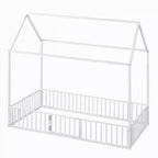 Lit Montessori en Métal avec Porte et Barrières, Cadre de Lit de Sol en Forme de Maison pour Enfants et Tout-Petits