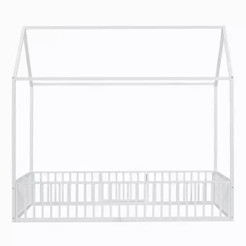 Lit Montessori en Métal avec Porte et Barrières, Cadre de Lit de Sol en Forme de Maison pour Enfants et Tout-Petits