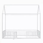Lit Montessori en Métal avec Porte et Barrières, Cadre de Lit de Sol en Forme de Maison pour Enfants et Tout-Petits