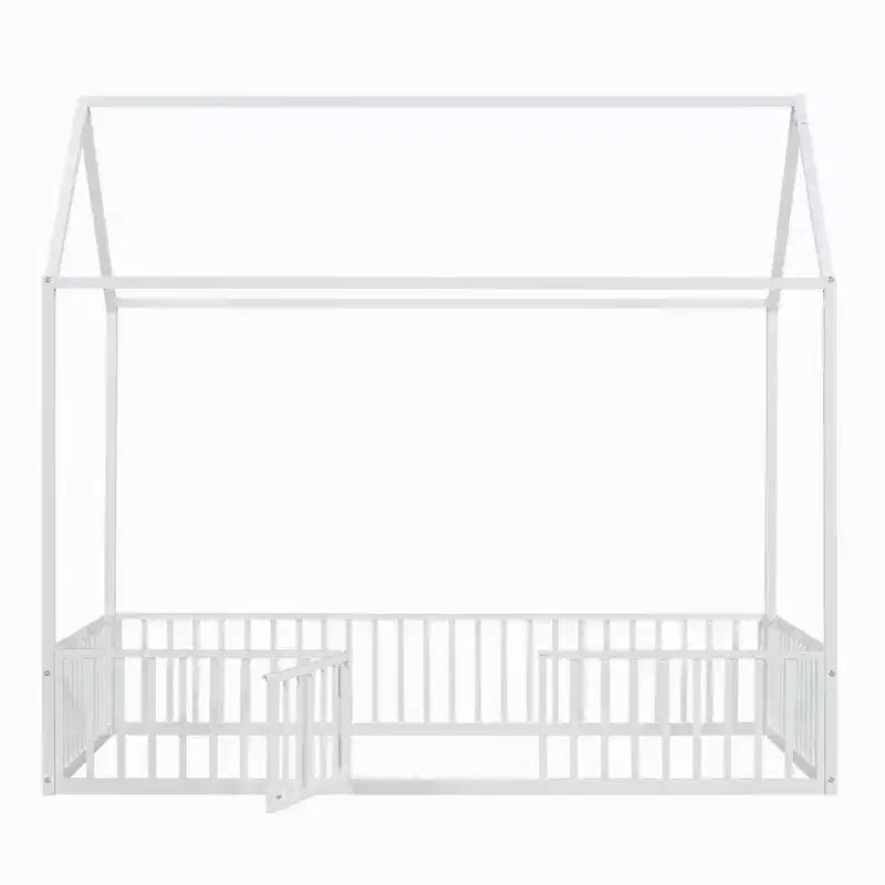 Lit Montessori en Métal avec Porte et Barrières, Cadre de Lit de Sol en Forme de Maison pour Enfants et Tout-Petits
