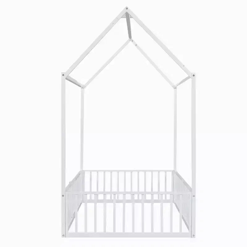 Lit Montessori en Métal avec Porte et Barrières, Cadre de Lit de Sol en Forme de Maison pour Enfants et Tout-Petits