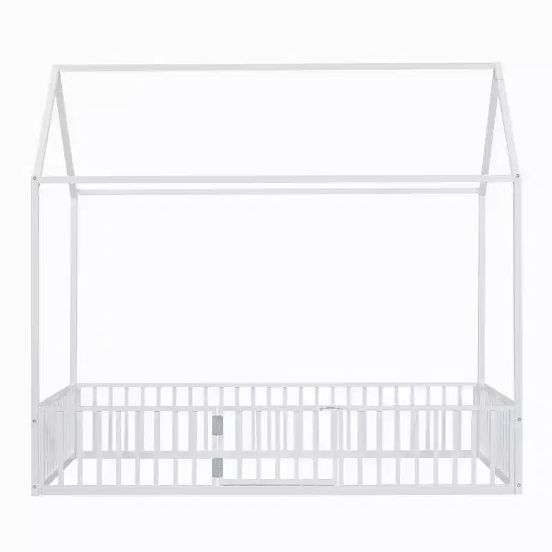 Lit Montessori en Métal avec Porte et Barrières, Cadre de Lit de Sol en Forme de Maison pour Enfants et Tout-Petits