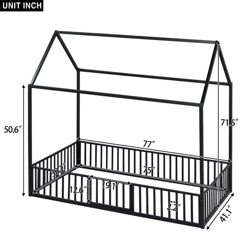 Lit Montessori en Métal avec Porte et Barrières, Cadre de Lit de Sol en Forme de Maison pour Enfants et Tout-Petits
