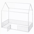 Lit Montessori en Métal avec Porte et Barrières, Cadre de Lit de Sol en Forme de Maison pour Enfants et Tout-Petits