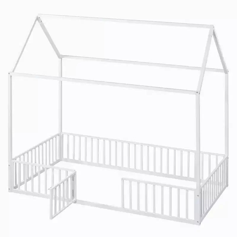 Lit Montessori en Métal avec Porte et Barrières, Cadre de Lit de Sol en Forme de Maison pour Enfants et Tout-Petits