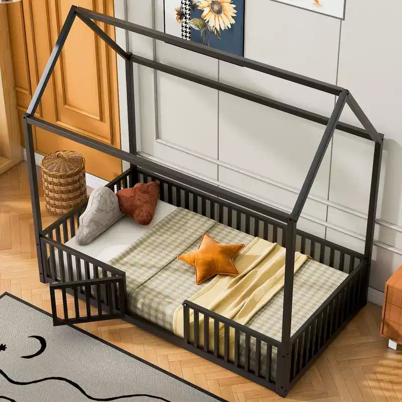 Lit Montessori en Métal avec Porte et Barrières, Cadre de Lit de Sol en Forme de Maison pour Enfants et Tout-Petits