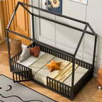Lit Montessori en Métal avec Porte et Barrières, Cadre de Lit de Sol en Forme de Maison pour Enfants et Tout-Petits