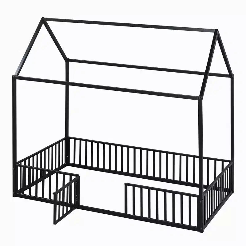 Lit Montessori en Métal avec Porte et Barrières, Cadre de Lit de Sol en Forme de Maison pour Enfants et Tout-Petits