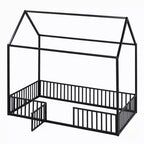 Lit Montessori en Métal avec Porte et Barrières, Cadre de Lit de Sol en Forme de Maison pour Enfants et Tout-Petits