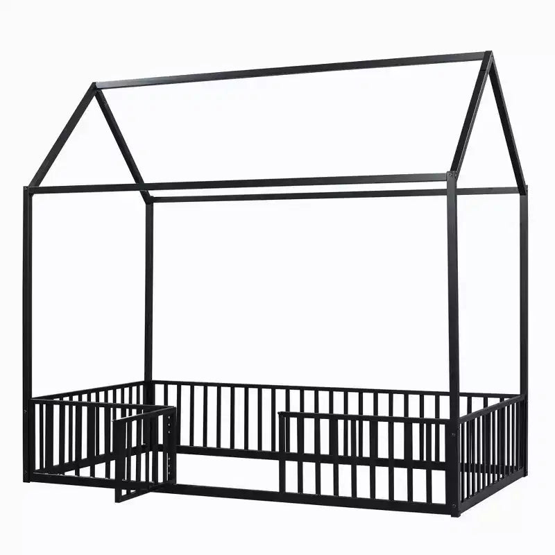 Lit Montessori en Métal avec Porte et Barrières, Cadre de Lit de Sol en Forme de Maison pour Enfants et Tout-Petits