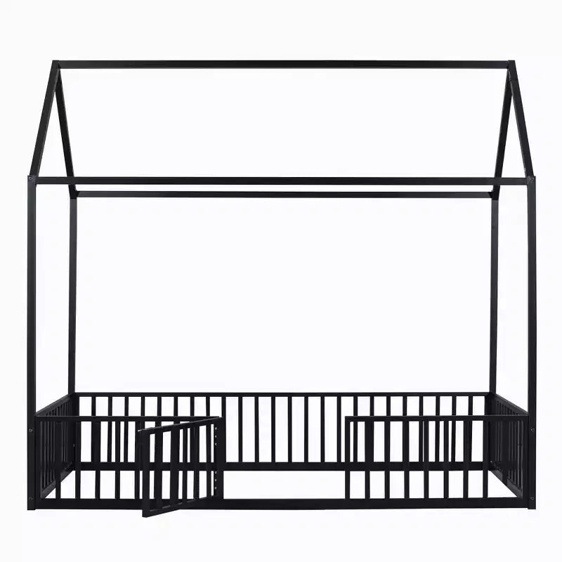 Lit Montessori en Métal avec Porte et Barrières, Cadre de Lit de Sol en Forme de Maison pour Enfants et Tout-Petits