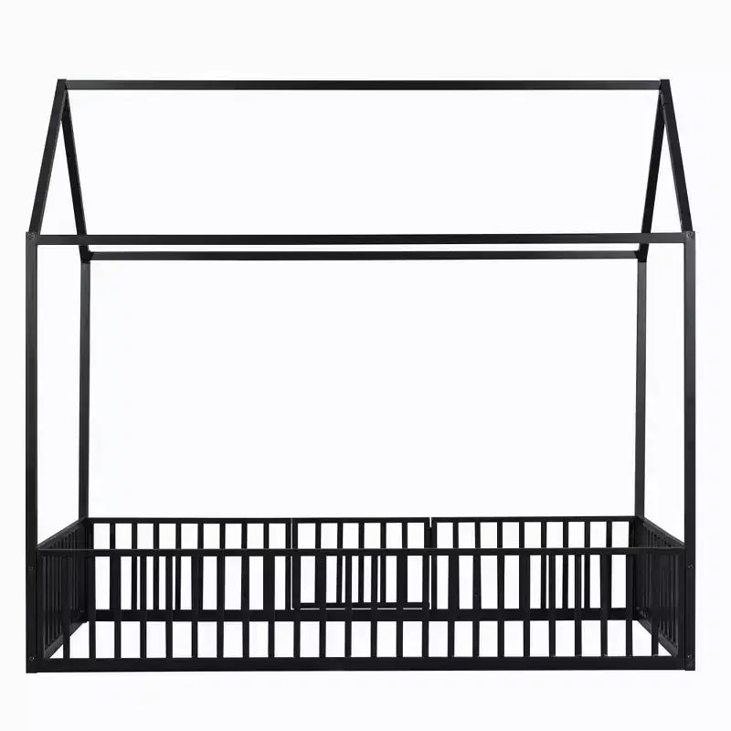 Lit Montessori en Métal avec Porte et Barrières, Cadre de Lit de Sol en Forme de Maison pour Enfants et Tout-Petits