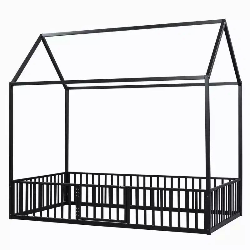 Lit Montessori en Métal avec Porte et Barrières, Cadre de Lit de Sol en Forme de Maison pour Enfants et Tout-Petits