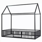 Lit Montessori en Métal avec Porte et Barrières, Cadre de Lit de Sol en Forme de Maison pour Enfants et Tout-Petits
